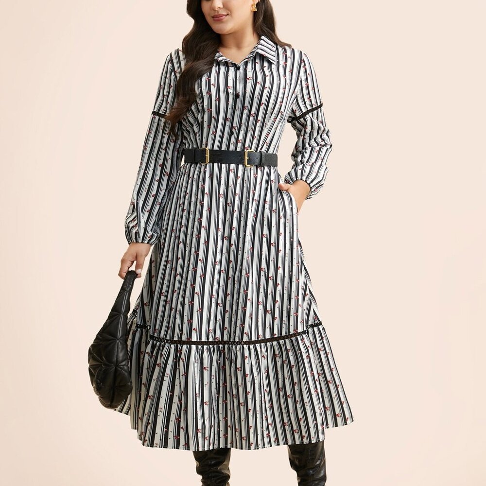 BLOOMCHIC Striped Ditsy Floral Woven Ribbon Dress SIZE 3X